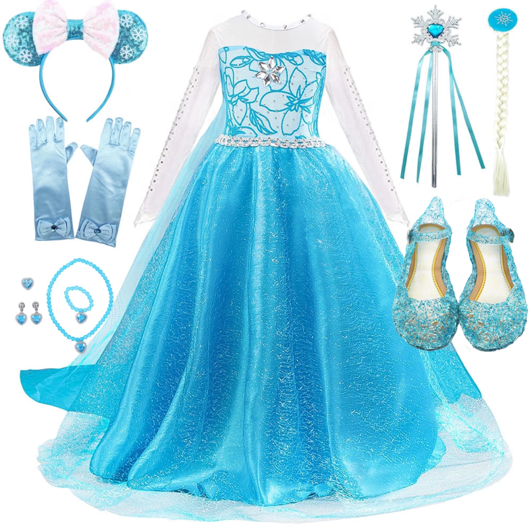 

Princess Dresses Snow Queen2 Girls Fancy Anna Elsa Costume Birthday Party Cosplay Clothing With Long Cloak Wig Vestido XH28