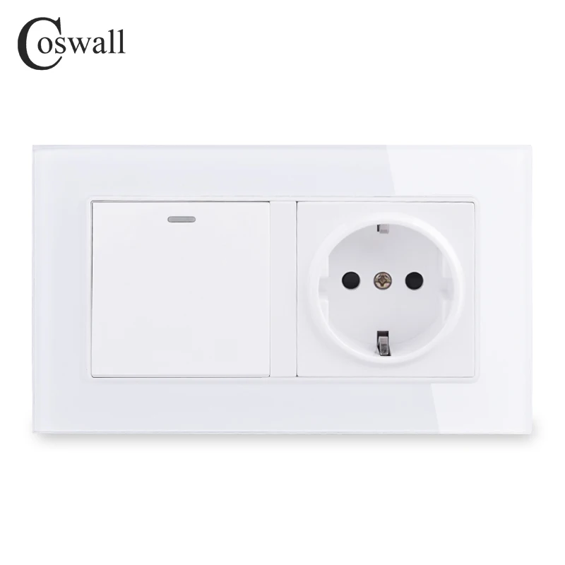 COSWALL Crystal Glass Frame Russia Spain EU Standard Wall Socket Grounded + 1 Gang 1 Way On / Off Light Switch 146*86mm