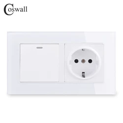 COSWALL Crystal Glass Frame Russia Spain EU Standard Wall Socket Grounded + 1 Gang 1 Way On / Off Light Switch 146*86mm