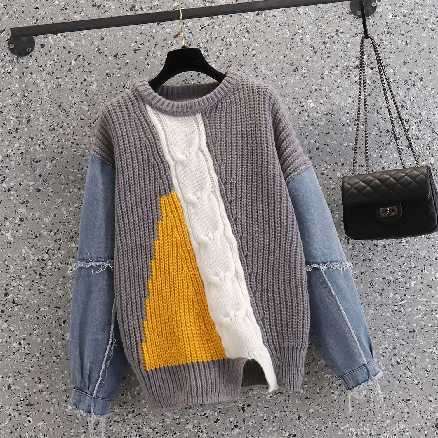 2023 Autumn Winter Sweater Women Casual Twist Woman Sweater Pullovers Denim Patchwork Jumper Warm Teen Oversized Streetwear