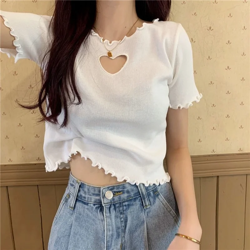 T-shirts Women Edible Tree Fungus Heart Summer New Crop Top Sweet Sexy Short Sleeve Ins Fashion Solid Simple Harajuku Aesthetic