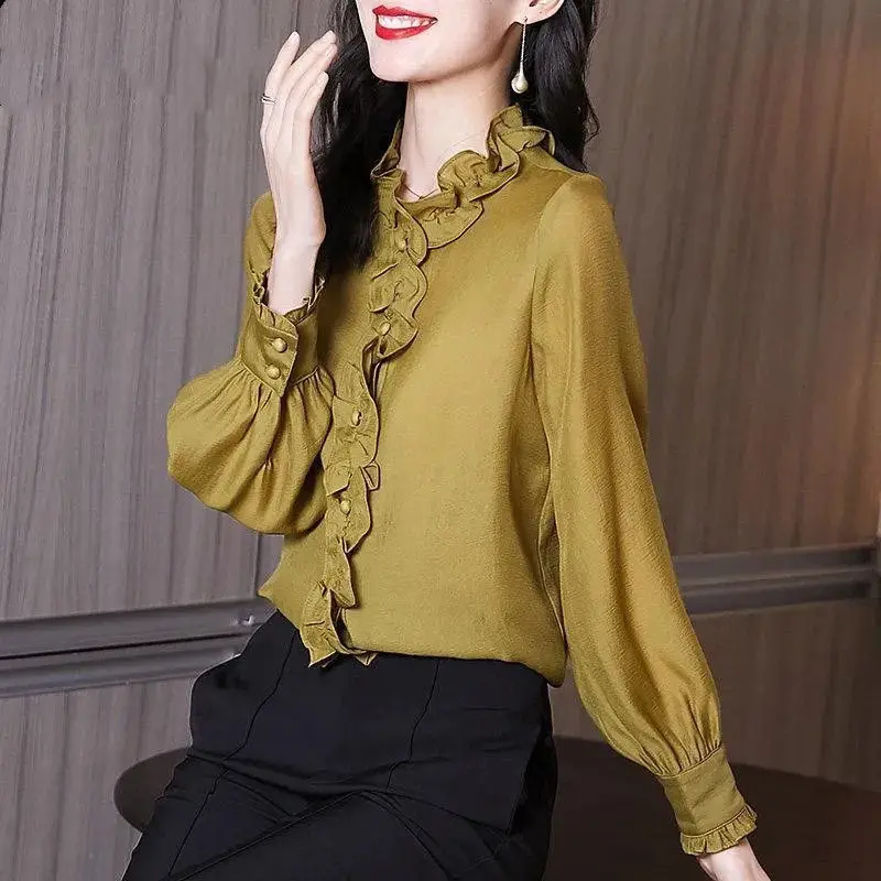 Fashion Woman Blouses 2024 Spring Autumn Long Sleeve Ruffles Shirts Office Lady Solid Color Button Casual Shirt Women\'s Clothing