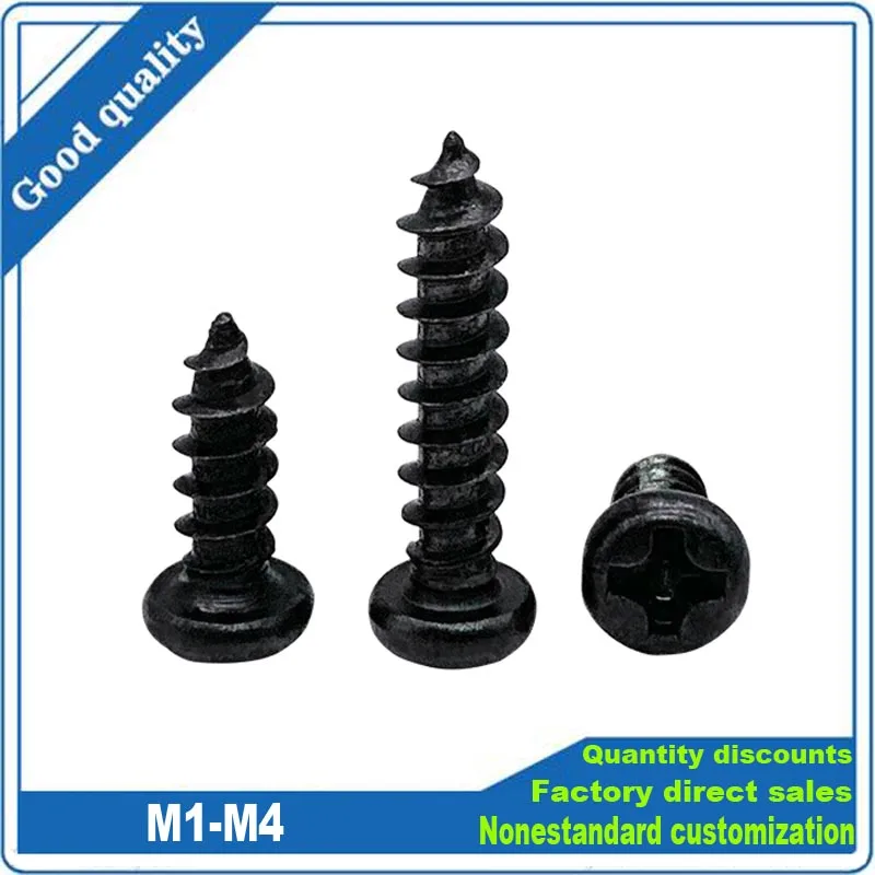 50/200pcs M1 M1.2 M1.4 M1.7 M2 M2.3 M2.6 M3 M3.5 M4 Black Small Phillips Pan Head Cross Round Pan Head Self-tapping Wood Screw