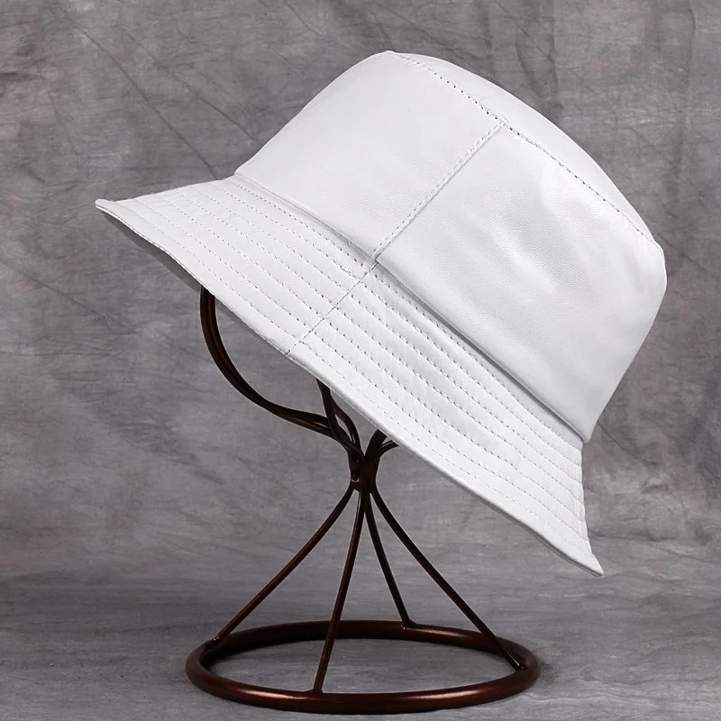 Genuine Leather Bucket Cap Men Korean Kpop Jungkook 2023 Spring Unisex White Fisherman Sun Hat Male Streetwear Black Basin Hats