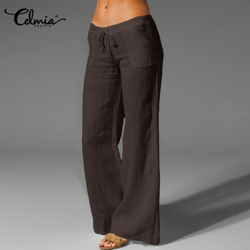 2023 Casual Wide Leg Pants Celmia Women Elastic Waist Palazzo Vintage Linen Pantalon Cotton Stylish Female Long Trousers