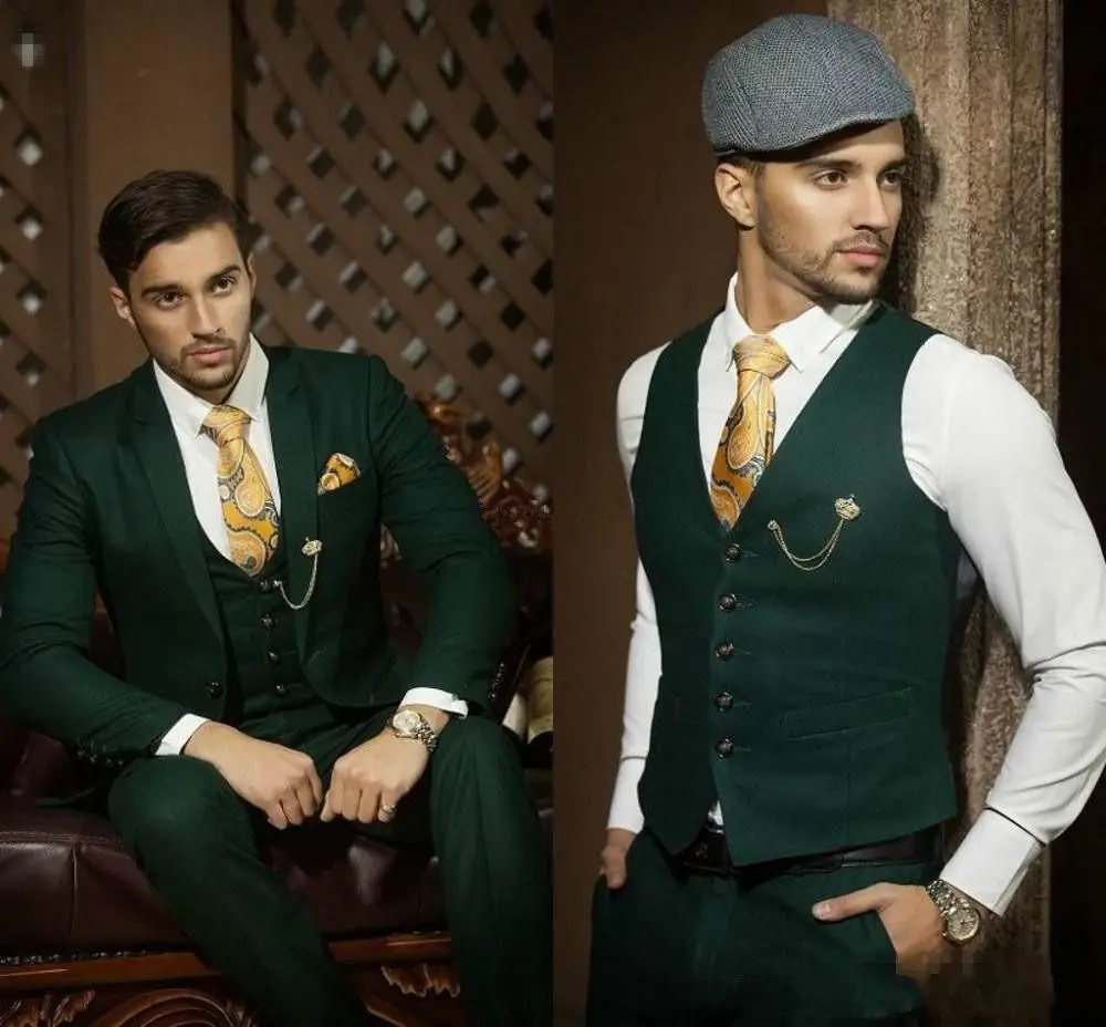 Handsome Man Work Business Suits Dark Green Notch Lapel Groom Wedding Clothe Prom Party Suit (Jacket+Pants+Vest+Bow Tie) NO:40