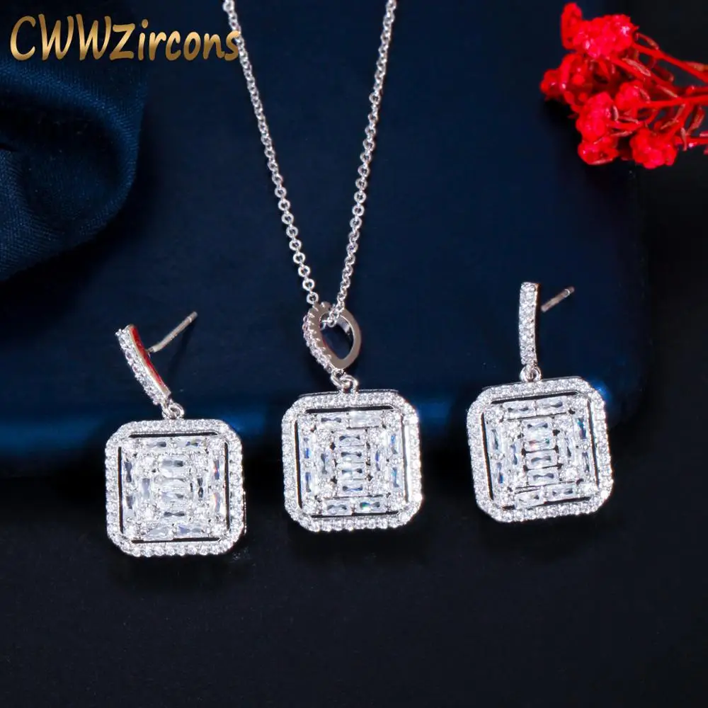 CWWZircons Cute Square Drop Dangle CZ Earring Pendant Necklace Fashion Brand Ladies Jewelry Sets Engagement Party Jewelry T473