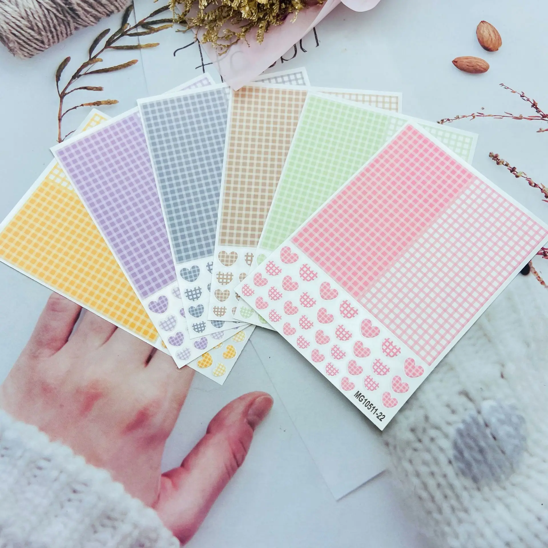 Fashion New Arrival Hot Selling Nail Stickers Embossment Fresh Plaid Love Heart Back Glue Dry Nail Decals Manicure Women Girls