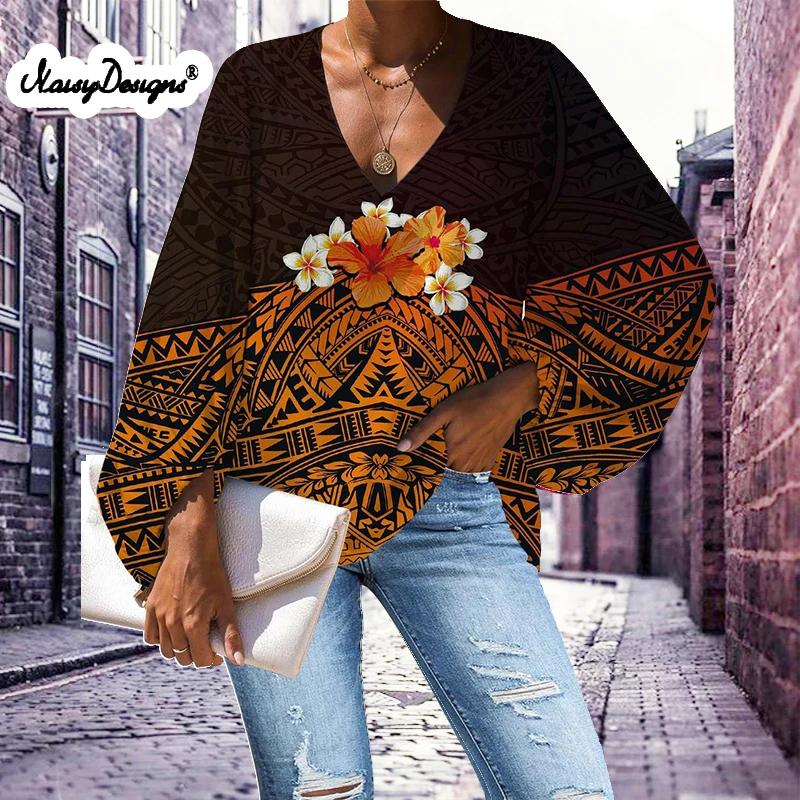 

Noisydesigns Fashion Pullovers Polynesi Blouse Shirt Print Women's Tops V-Neck Loose Casual Summer Female 4XL Dropship