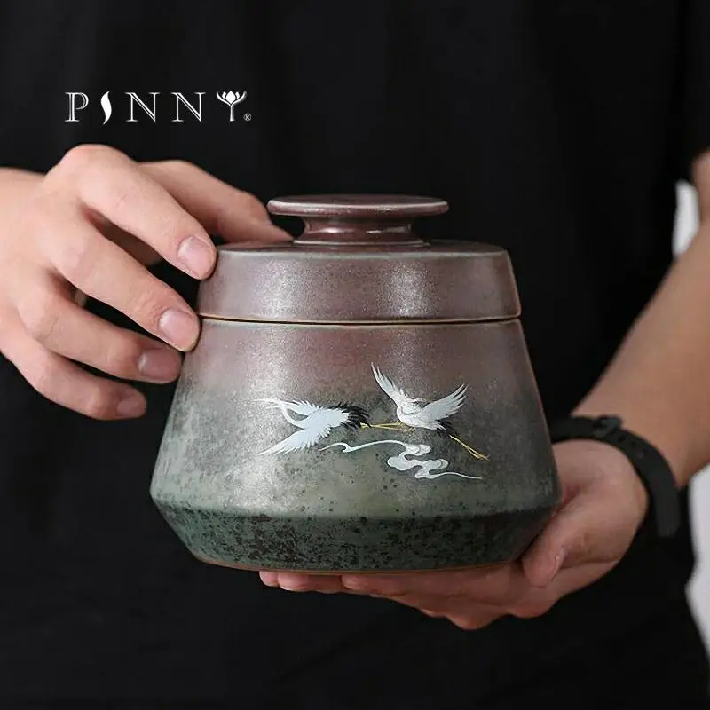 PINNY Kiln Changers Crane Ceramic Tea Jar Retro Chinese Kung Fu Tea Accessories Pigmented Storage Containers