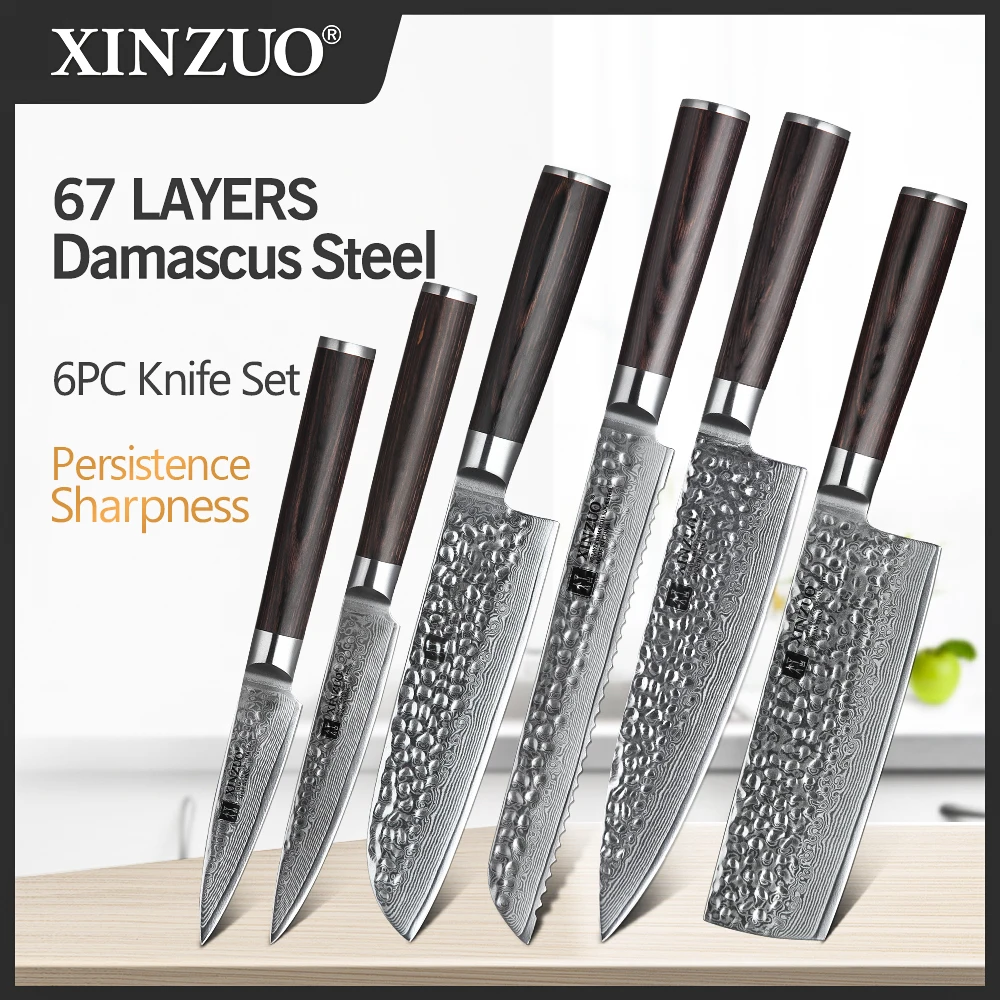 

XINZUO 6 PCS Knife Set Kitchen Cutlery Chinese VG10 Damascus Forged Bread Santoku Chef Paring Utilities Knives with Gift Box