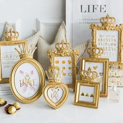 Heart-shaped Retro Crown Photo Frame 3 Inch 6 Inch 7 Inch Golden Resin Picture Frame Gift Wedding Baby Photo Frame Desktop Decor