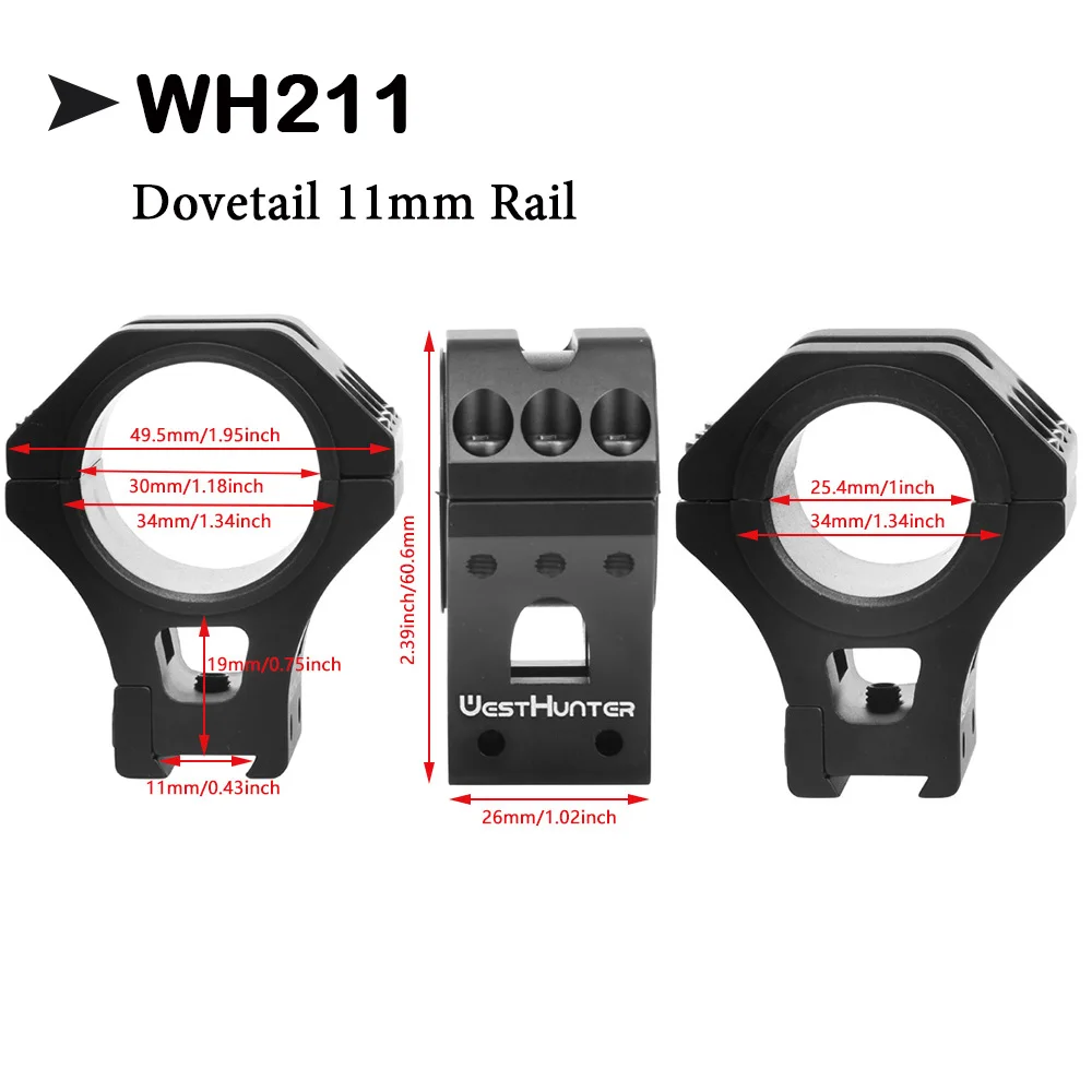 WESTHUNTER 2 Pieces 34mm/30mm/25.4mm Scope Mount High Profile Dovetail 11mm Rail Optical Sight Rings Hunting Accessories