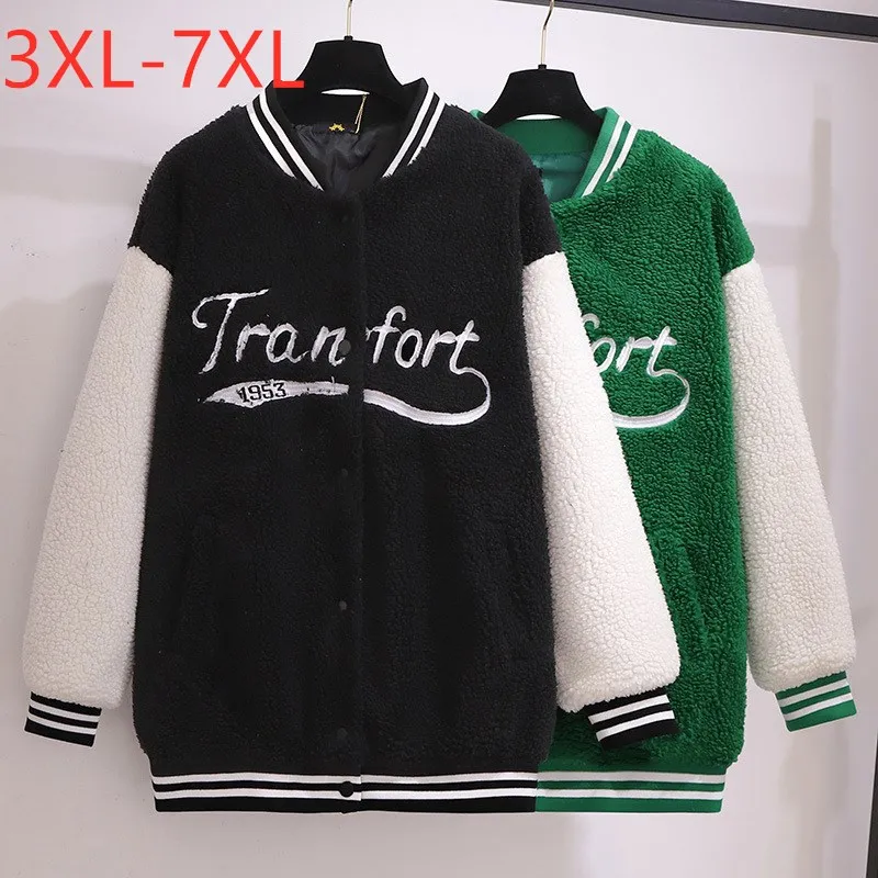 

New 2021 Autumn Winter Plus Size Women Clothing Jacket Long Sleeve Loose Thick Fleece Black Green Print Coat 3XL 4XL 5XL 6XL 7XL