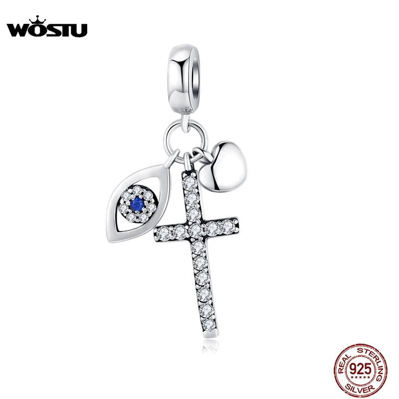 

WOSTU, настоящее 925 пробы, серебряный, с крестиками, с бусинами в виде сердца, подходит для оригинального браслета и браслетов, подвеска, серебро 925, ювелирное изделие CQC1327