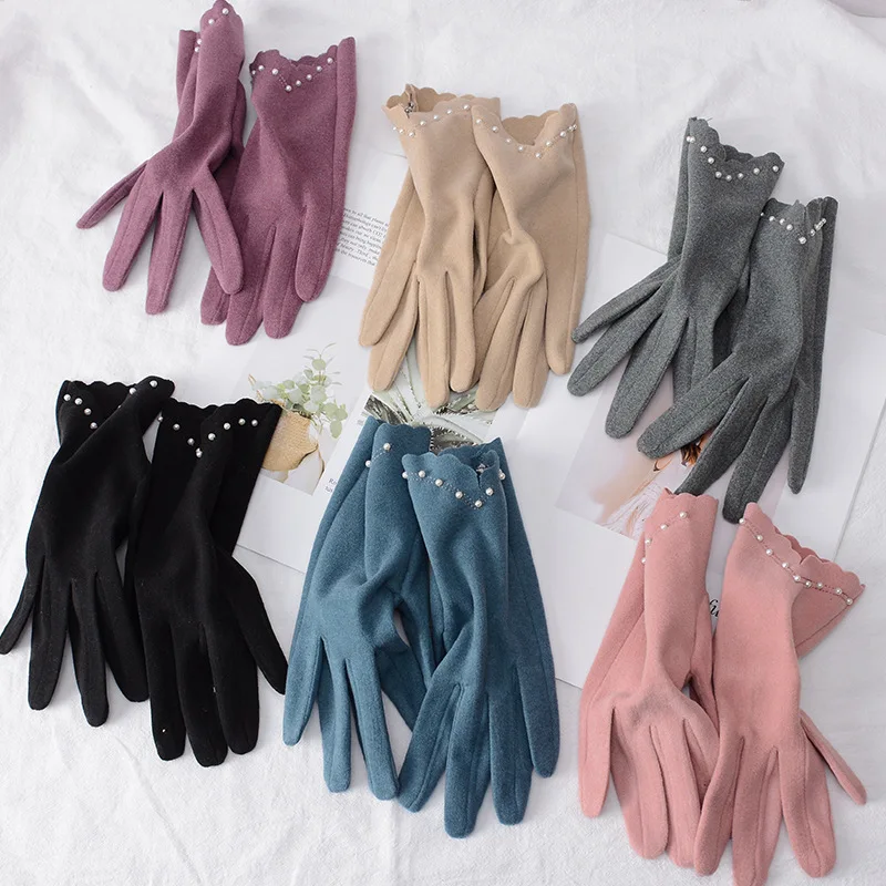 Women Autumn Winter Keep Warm Touch Screen Without Velvet Not Bloated Thin Pearl Elegant Cycling Drive Windproof Mittens Gloves