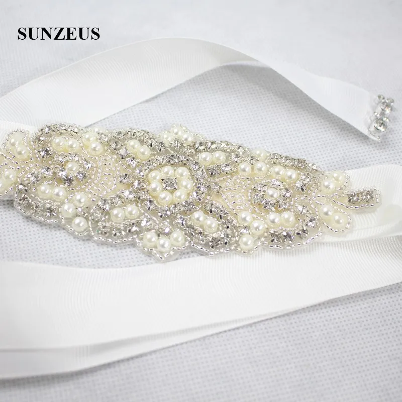 Goedkope Riem Kralen Parels Bridal Bruiloft Accessoires Formele Kleding Lange Riem Kleurrijke Satin Sash Lichtblauw Accesorios Novia