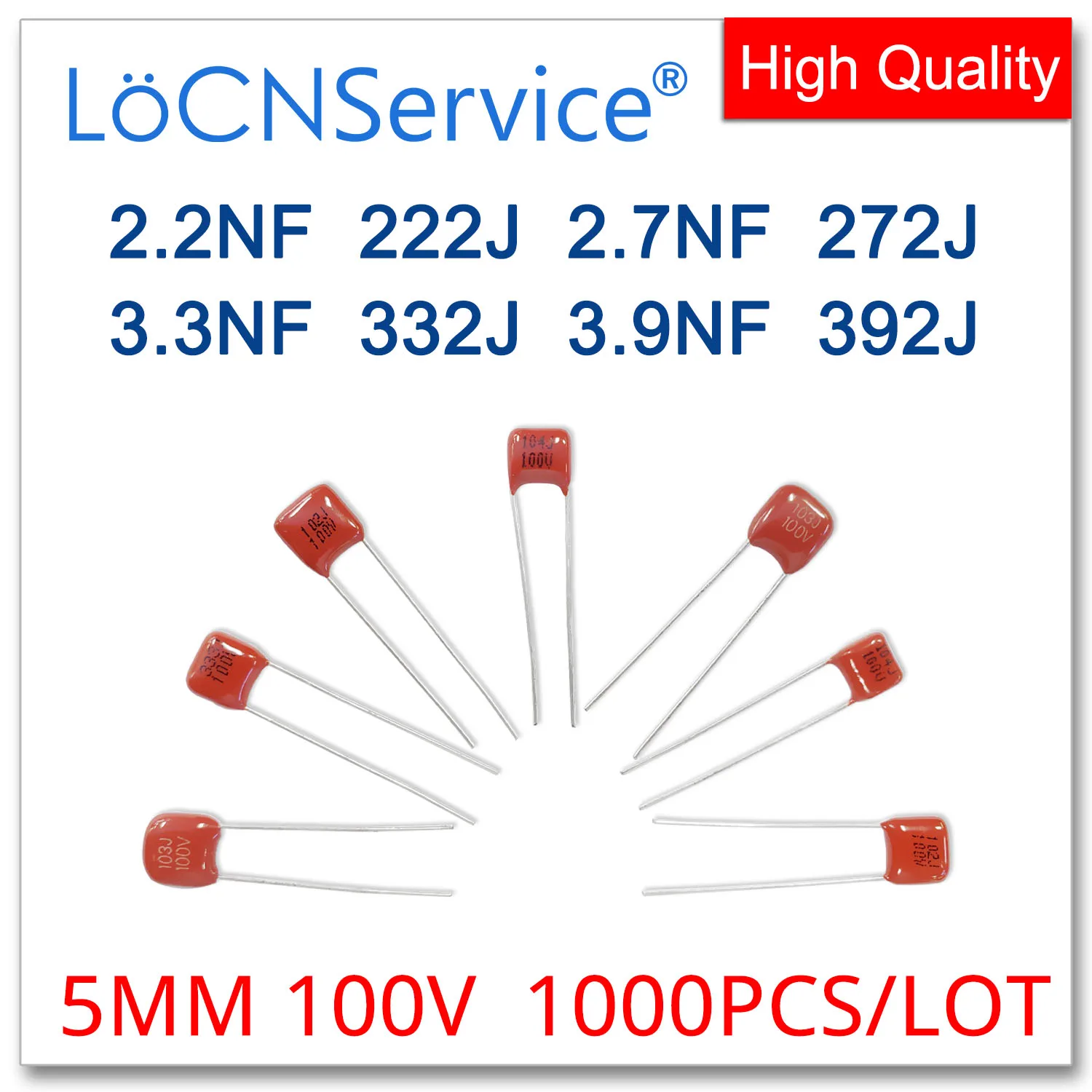 

LoCNService 1000 шт. 5 мм 100 в НФ 222J 272J 332J 392J CBB полипропиленовый пленочный конденсатор высокого качества