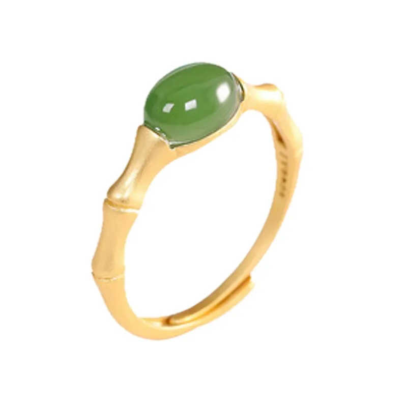 BOCAI NEWl S925 Silver Gold-plated Natural Hetian Jade Jasper Bamboo Ring for Woman Fashionable and Simple Engagement Ring