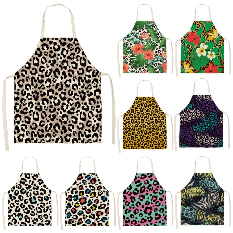 Leopard Print Flower Printed Sleeveless Aprons Kitchen Woman Pinafore Home Cooking Baking Waist Bib Cooking Apron For Women