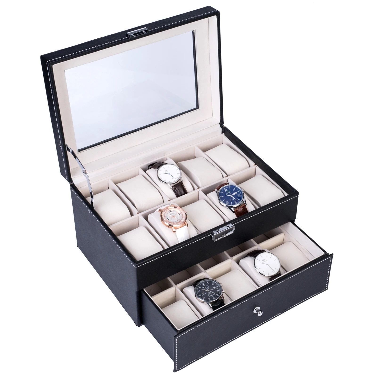 

20 Compartments Dual Layers Elegant Wooden Watch Collection Box Black US Warehouse