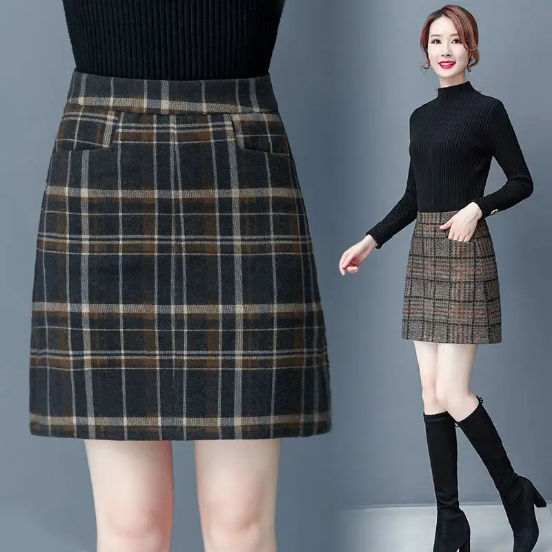 Tartan Skirt Short Skirt Autumn and Winter 2024 Large Woolen a Word Female Woman Skirts Mujer Faldas Saias Mulher