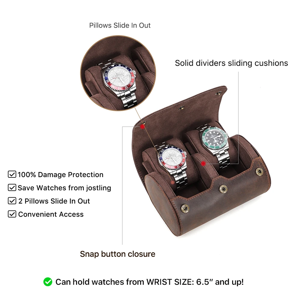 Vintage Leather 2 Slots Watch Roll Travel Case Chic Portable Display Watches Men Storage Box with Slid in Out Watch Organizers