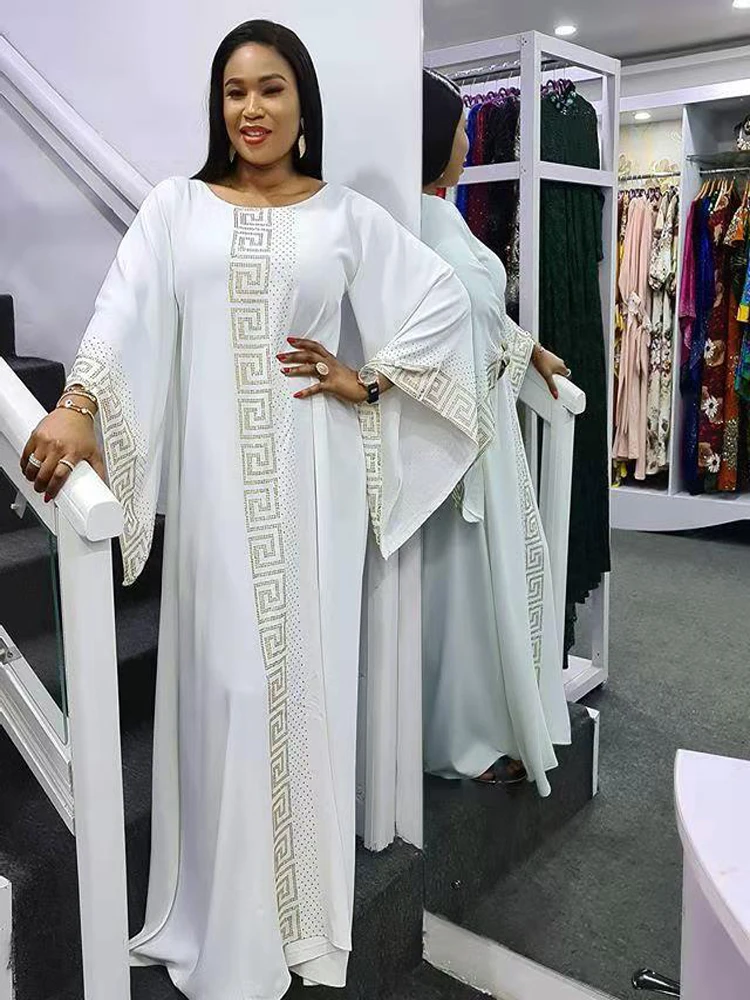 Solid Winter African Dresses For Women 2021 Muslim Maxi Dress Floor-Length Ethnic Style Diamonds Long Sleeve Femme Robe Abaya