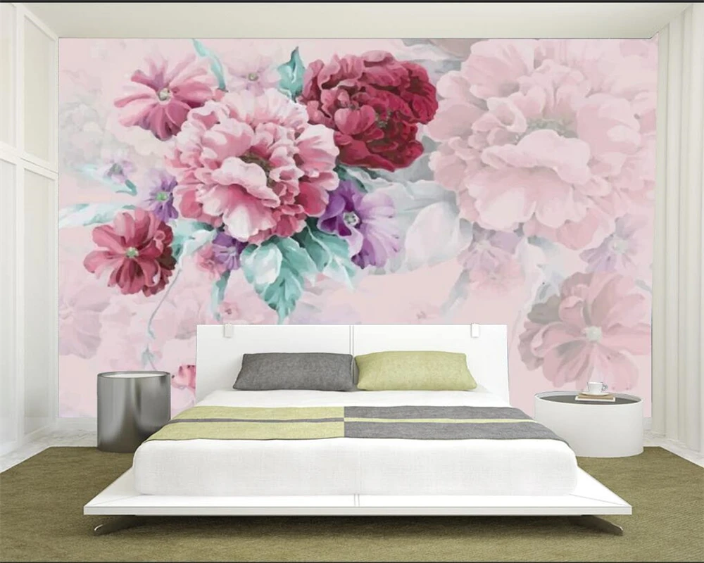 

Custom Wallpaper Nordic Style Hand-painted Peony Floral Pastoral Mural Living Room TV Background Wall Painting 3d wallpaper
