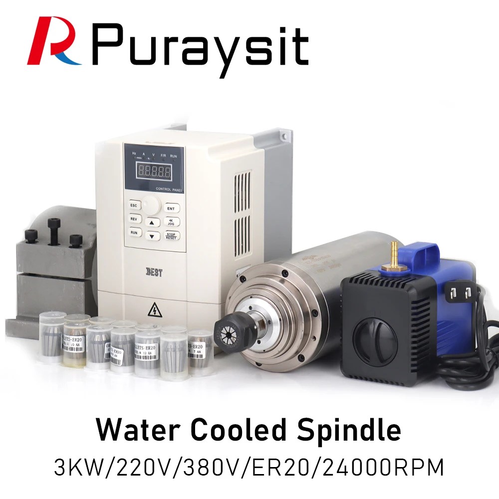 

Advertising and Woodworking Water Cooled Spindle CNC Kit 3KW 380V 220V Water Cooling Spindle Motor+3KW BEST Inverter +13pcs ER20