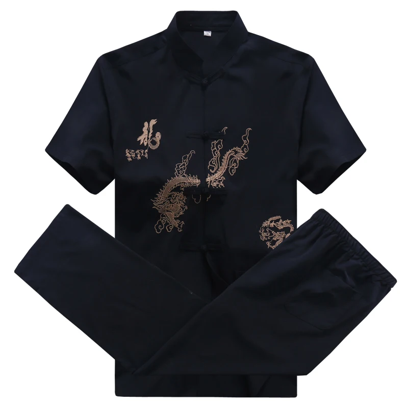 Novelty Clothes Navy Blue Embroidery Dragon Chinese Men Kung Fu Suit Cotton Wu Shu Uniform Long Sleeve Tai Chi Set For Father