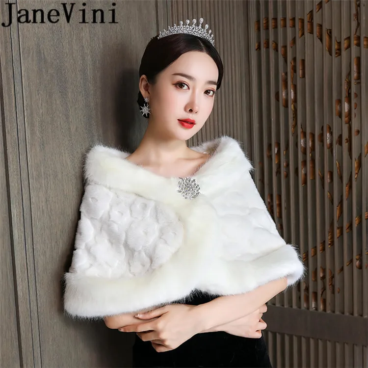 

JaneVini Ivory Beaded Fur Shrug Bridal Boleros Shoulder Cover Wedding Dress Jacket Bride Faux Fur Shawl Women Party Wraps Capes