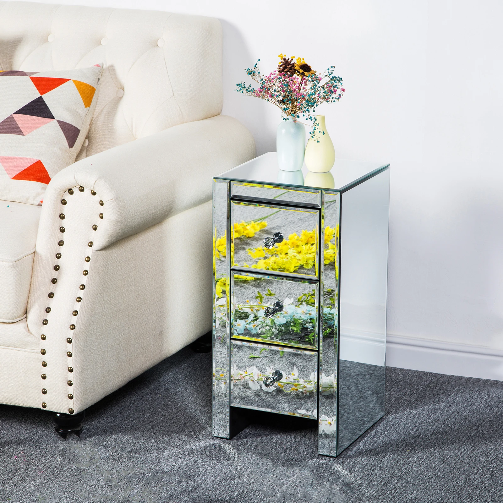 (30 x 30 x 60)cm Mirrored Glass Bedside Table Nightstand with Three Drawers US Warehouse In Stock