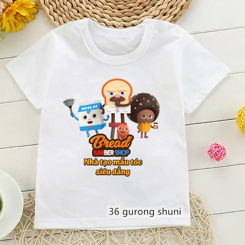 Newly Boys T-Shirts Cute Bread Barbershop Cartoon Print Kids Clothes White Shirt Tops Funny Kawaii Girls T Shirts Tops Wholesale