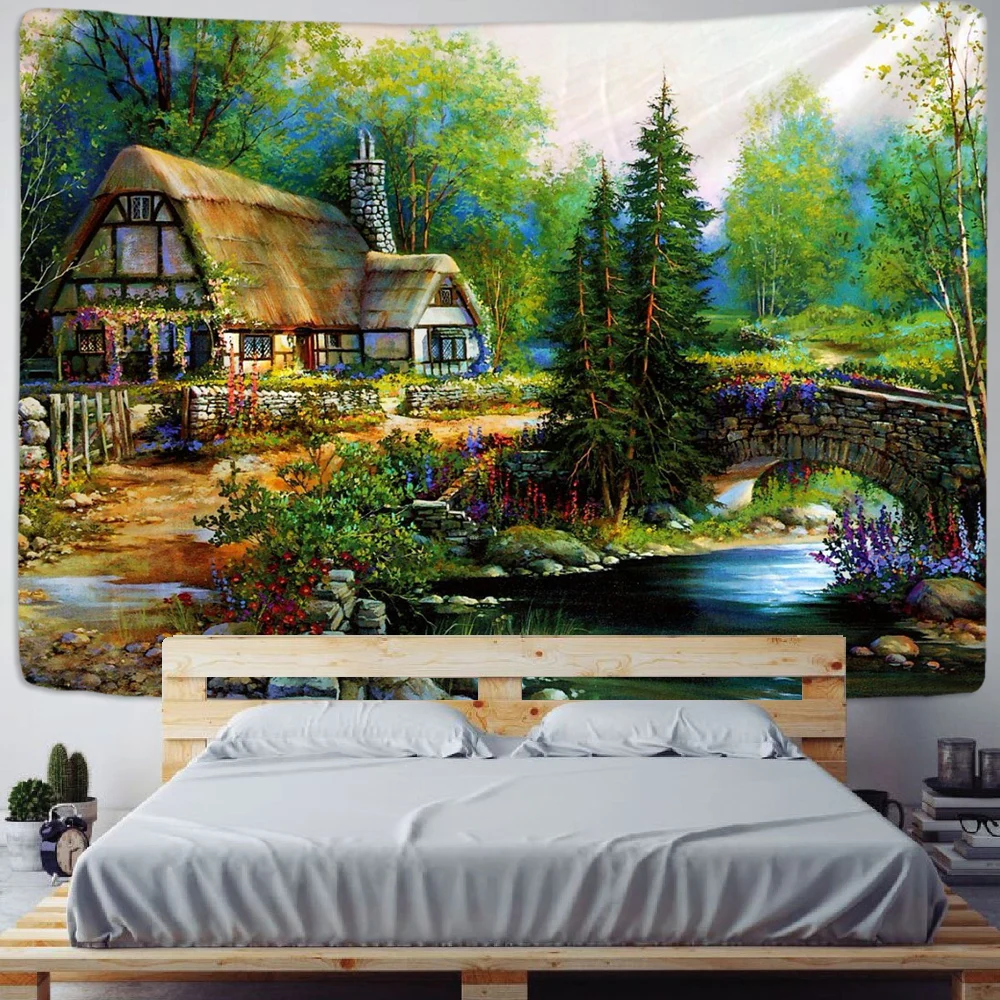 Fairy Tale Cottage Forest Tapestry Wall Hanging Bohemia Art Print Tapestry Room Home Decoration Hippie Pattern