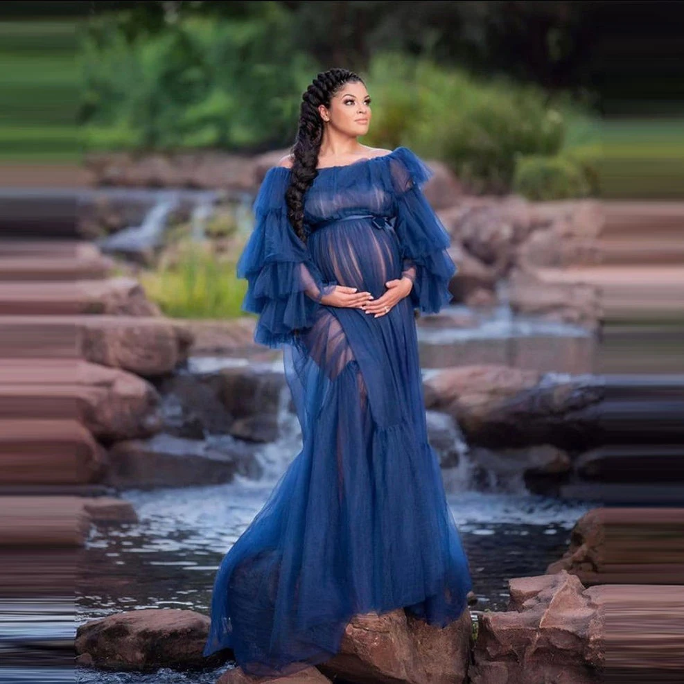 

Sexy Sheer Pregnancy Dresses For Photo Shoot Long Sleeves Ruffles See Thru Women Maternity Robes Plus Size Prom Dress Gowns