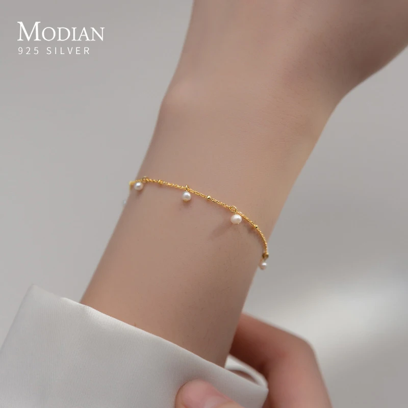 

MODIAN Elegant Natural Pearl Bracelet Authentic 925 Sterling Silver Link Chain Charm Pendant Bracelet for Women Fine Jewery