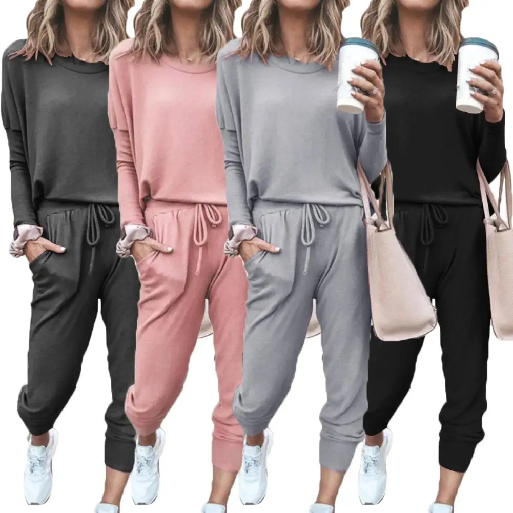 Women Solid Color Long Sleeve O Neck Blouse Top Drawstring Pants Sport Tracksuit Sports shirts autumn winter set Tracksuit Women