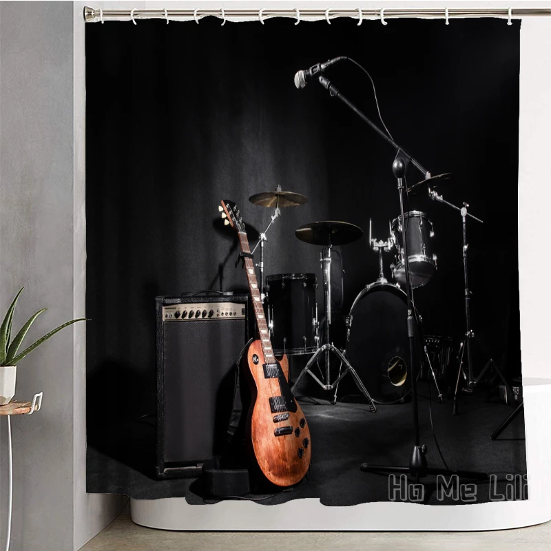 Musical Instruments Guitar With Drum In Black Shower Curtain Decor Waterproof Bathroom Decorations