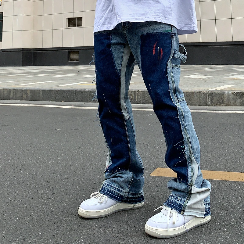 Vintage Distressed Splash Ink Flare Jeans Mens Streetwear Patchwork Hip Hop Graffiti Heavy Wash Blue Slim Fit Denim Pants Men