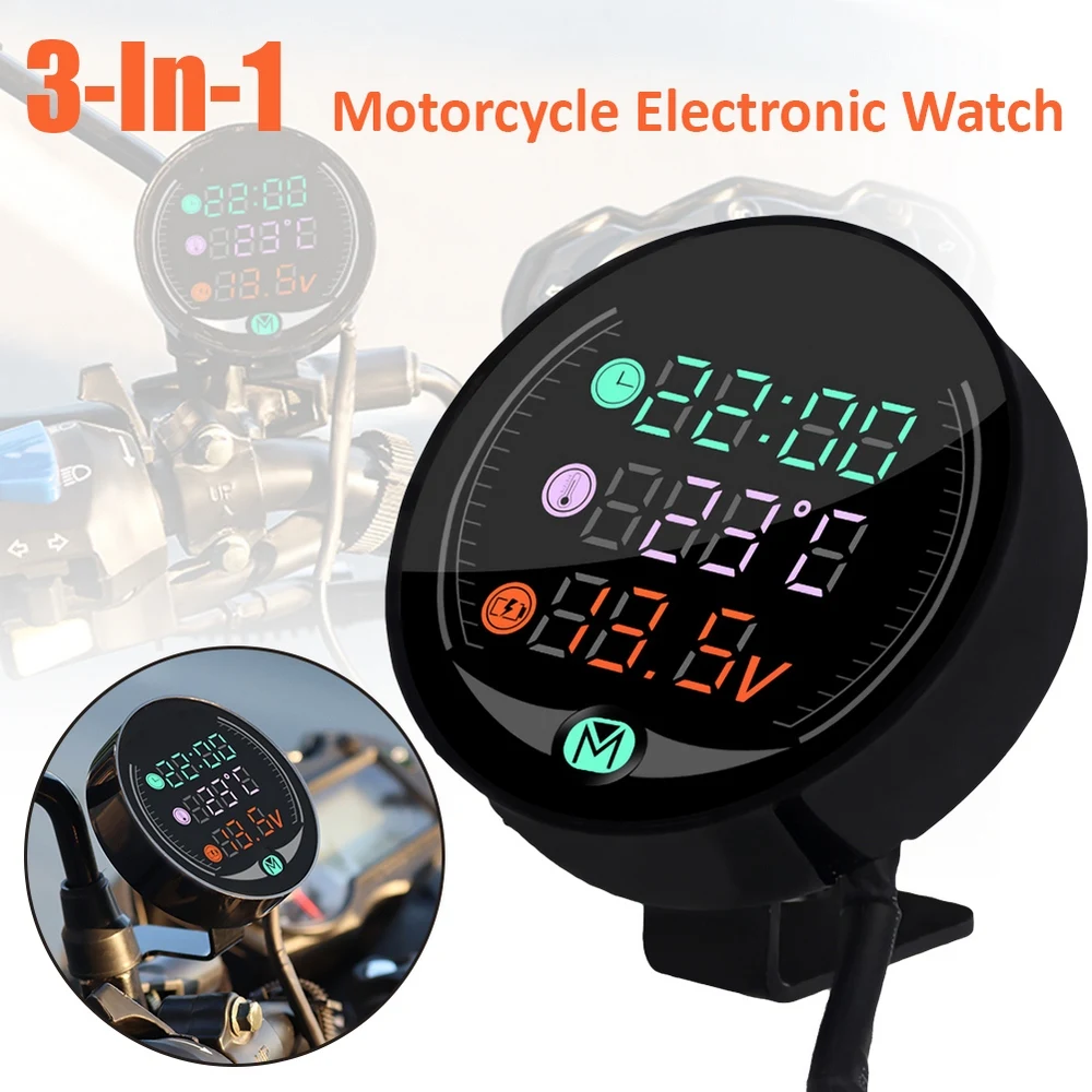Motorcycle Voltmeter ATV Electronic Clock Thermometer 3-In-1Universal LED Display Voltmeter 12V 24V 36V Waterproof Round