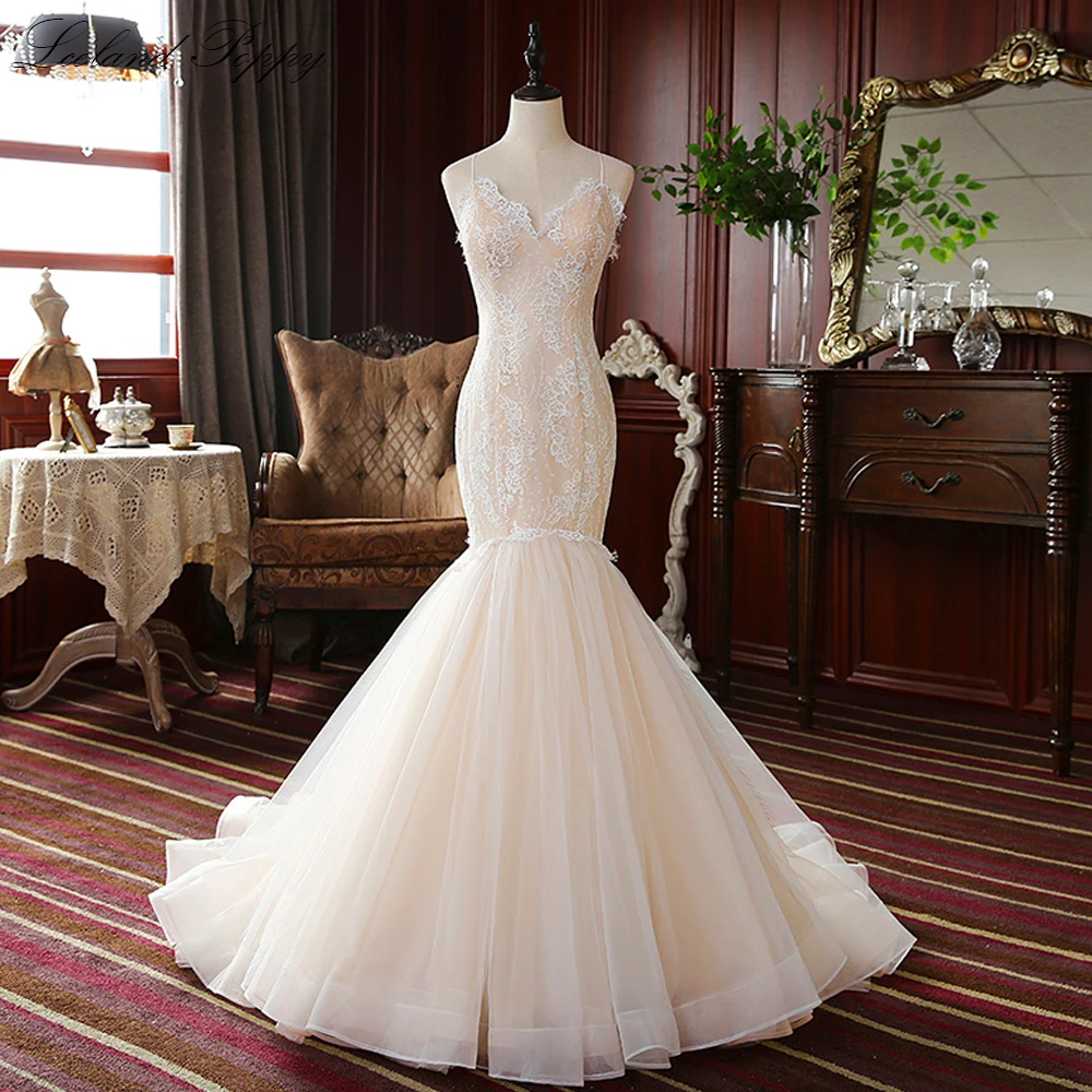 

Lceland Poppy Customized Sexy Mermaid Lace Wedding Dresses Spaghetti Straps Sleeveless Floor Length Bridal Gowns Sweep Train
