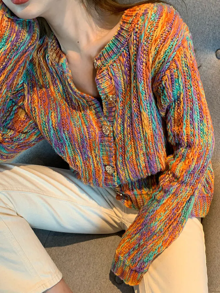 Rainbow Cardigan 2020 Autumn Winter Vintage Contrasting Color Knit Female Tops Loose O neck Long Sleeved Knitted Cardigans Mujer