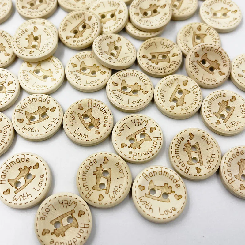 25pcs 20mm Natural Handmade With Love Sewing machine Wood Buttons Round Sewing DIY 2 Hole Crafts For Scrapbooking WB839