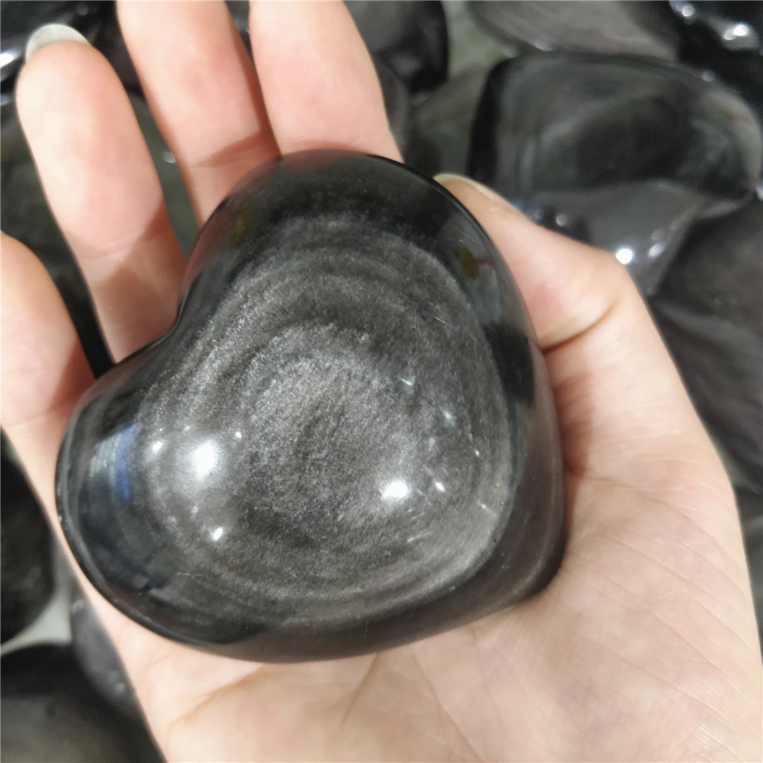 Natural Silver Obsidian Gorgeous Love Heart Flashing Stone Ornament Cabochons Crystals For Protection Energy Room Design Decor