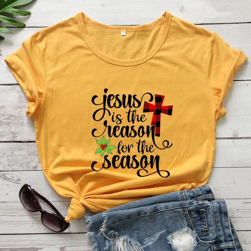 Jesus Is The Reason For The Season Colored T-shirt Retro Women Winter Short Sleeve Christmas Holiday Christian Gift Shirt