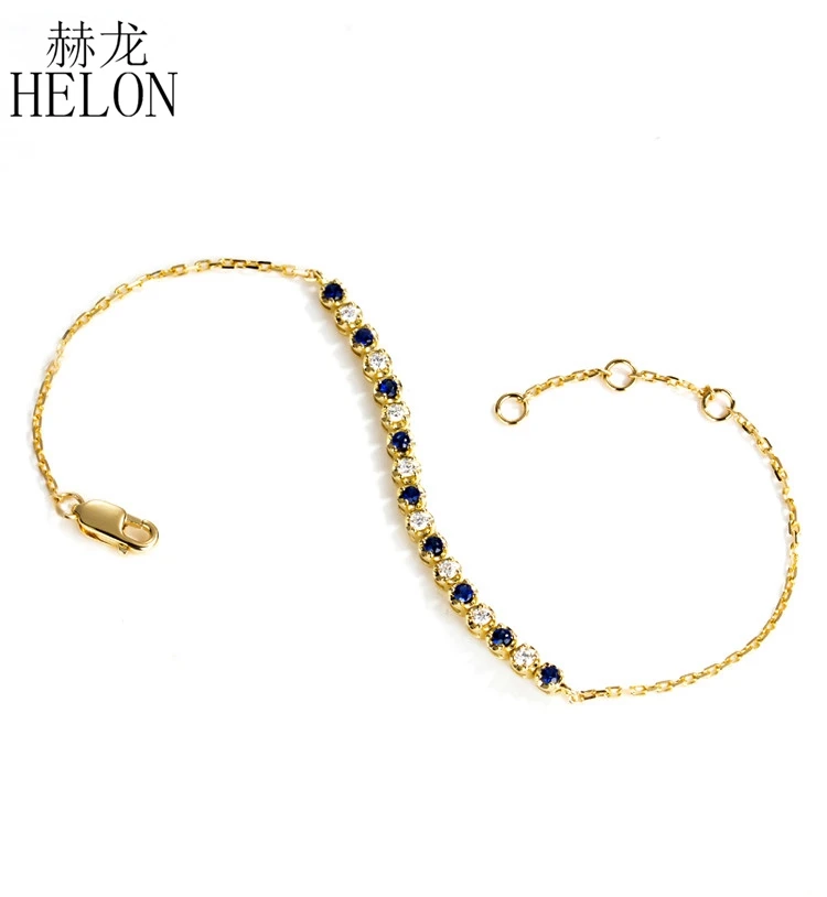 HELON Solid 18K Yellow Gold Round SI/H 0.35ct Natural diamond & Sapphire Bracelet Women Trendy Fine Jewelry Diamond Bracelet