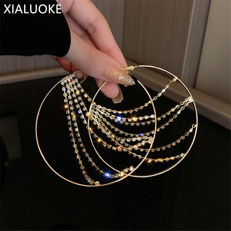 XIALUOKE Hyperbole Metal Round Crystal Chain Hoop Earrings For Women Vintage Personality Large Ear Hoop Statement Jewelry