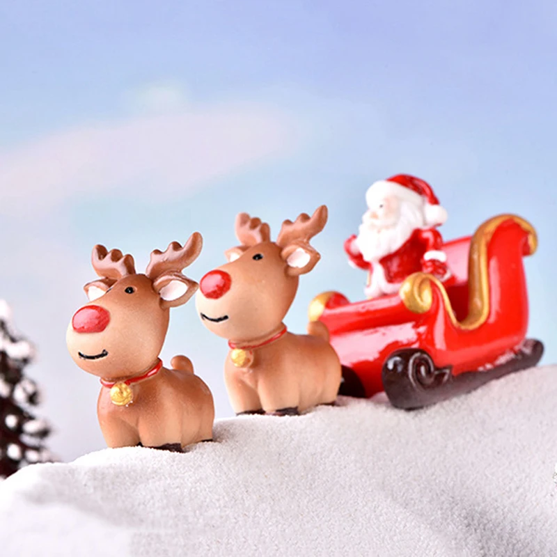 1Pc Christmas Miniature Santa Claus Sled Reindeer Gift Train Terrarium Figurines Fairy Garden Decor Snow Landscape Model