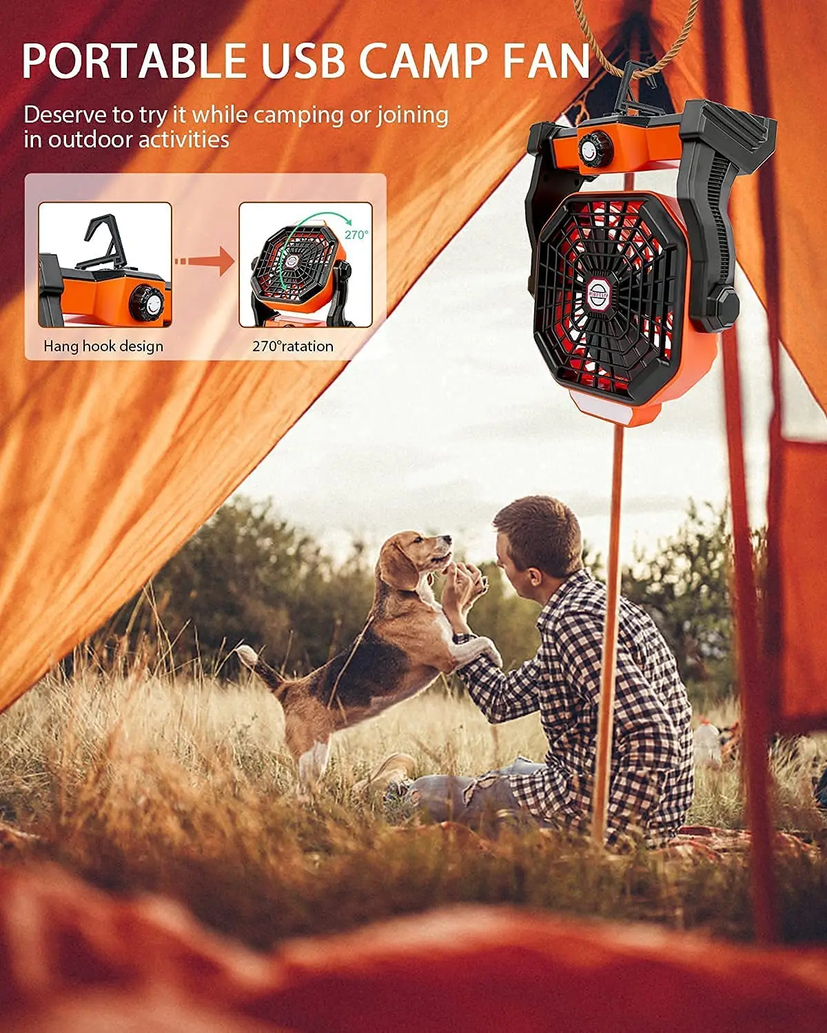 Уличный вентилятор для кемпинга светодиодный ным фонариком и крючком, маленький персональный настольный USB-вентилятор, портативный Перезаряжаемый вентилятор